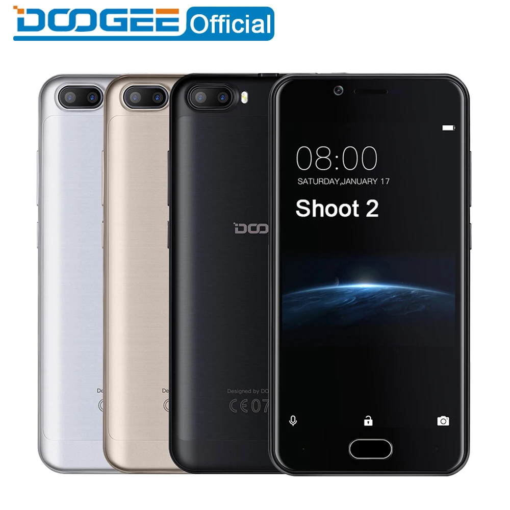 DOOGEE Shoot 2 Dual Camera mobile phones 5.0Inch Android 7.0 Cellphone Dual SIM MTK6580A Quad Core 3360mAH WCDMA Smartphone