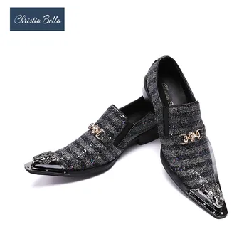 

Christia Bella British Style Striped Wedding Dress Shoes Pointy Toe Bling Sapato Masculino Buckle Business Men Oxford Shoes