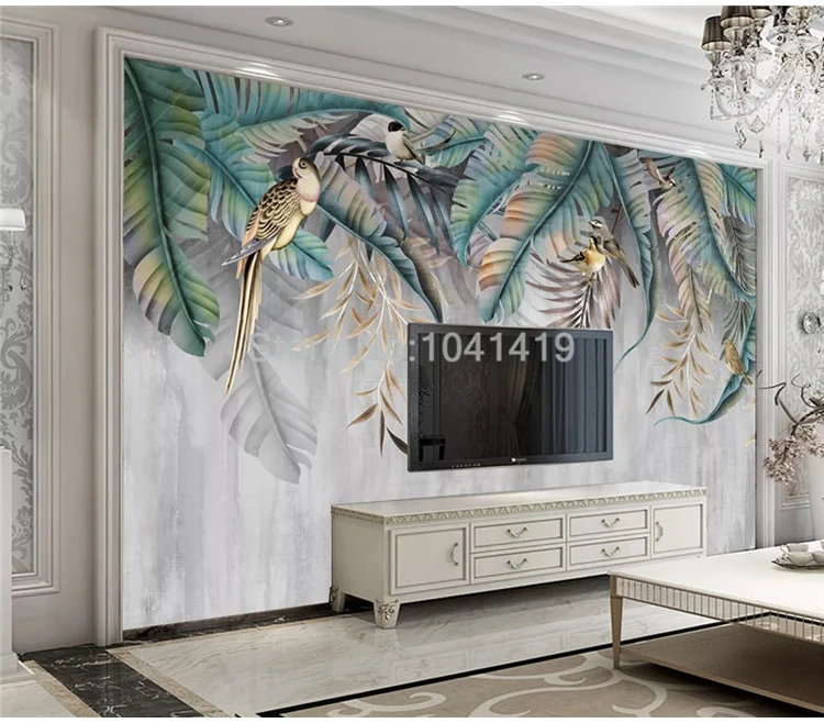 Custom Any Size Mural Wallpaper Modern 3D Nordic Style Plant Leaves Birds Photo Wall Mural Living Room Bedroom Home Decor Fresco