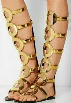 

Fashion Women Sandals Metal Circles Shallow Sexy Ladies Shoes Golden Flat Bottom Knee High Sandals Summer Solid ShoesFree Ship