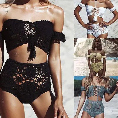 

Women Off Shoulder Crochet Bikini Set Swimsuit Swimwear Bathing Suit 2pcs Monokini Hollow Out high Waist Swim Beachwear Black