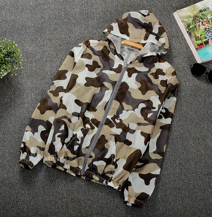 

Women's summer thin sunscreen coat lady's camouflage color Windbreaker Waterproof hooded zipper jacket R349
