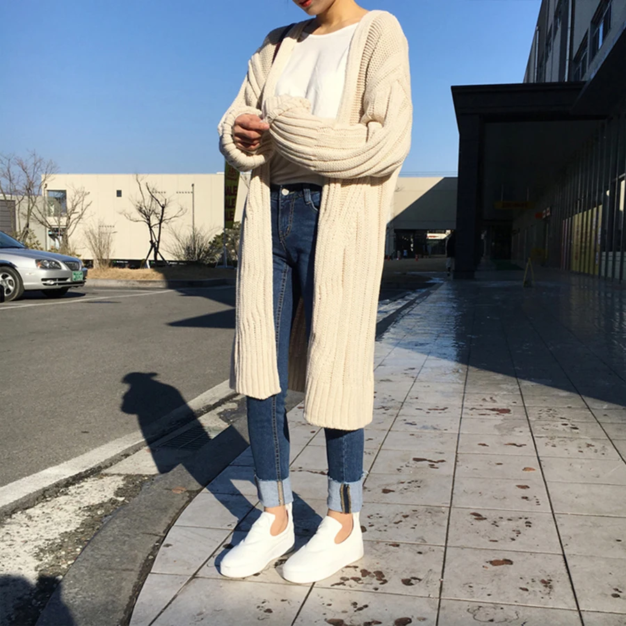 Осенне-зимний длинный кардиган для женщин, корейский длинный вязаный свитер для женщин, верх размера d, повседневное однотонное пальто размера плюс, женская одежда