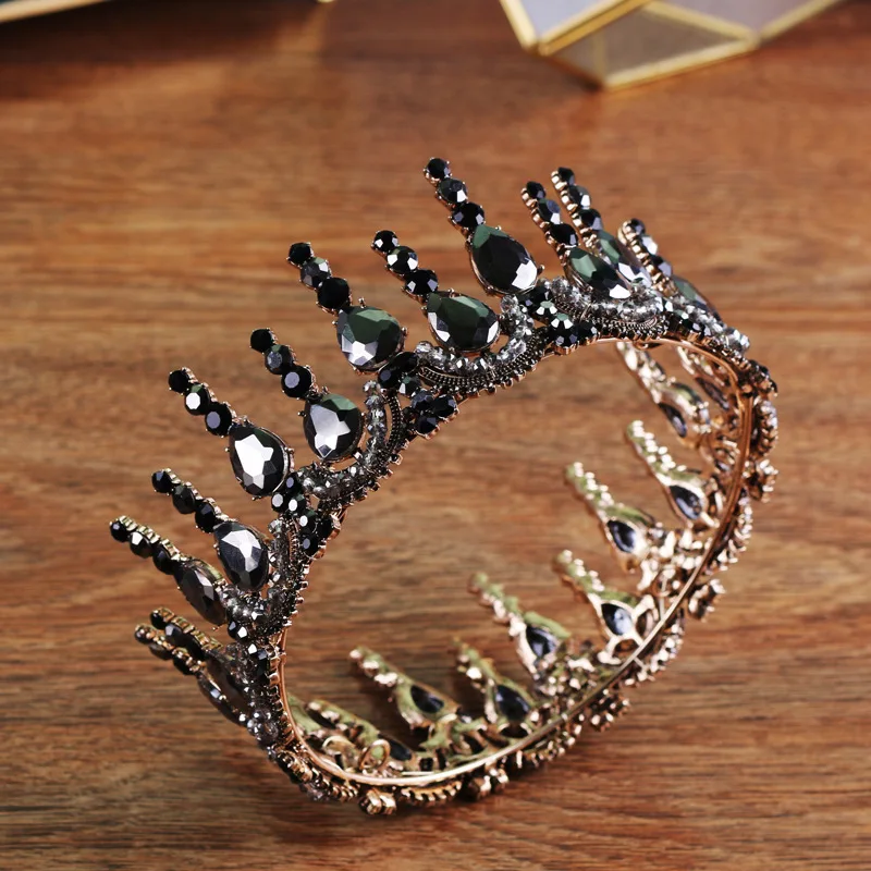 

Black Crystal Baroque Vintage Round Large Crown Queen Tiara Costume Women Headdress Hair Jewelry Metal Headpiece for Wedding New