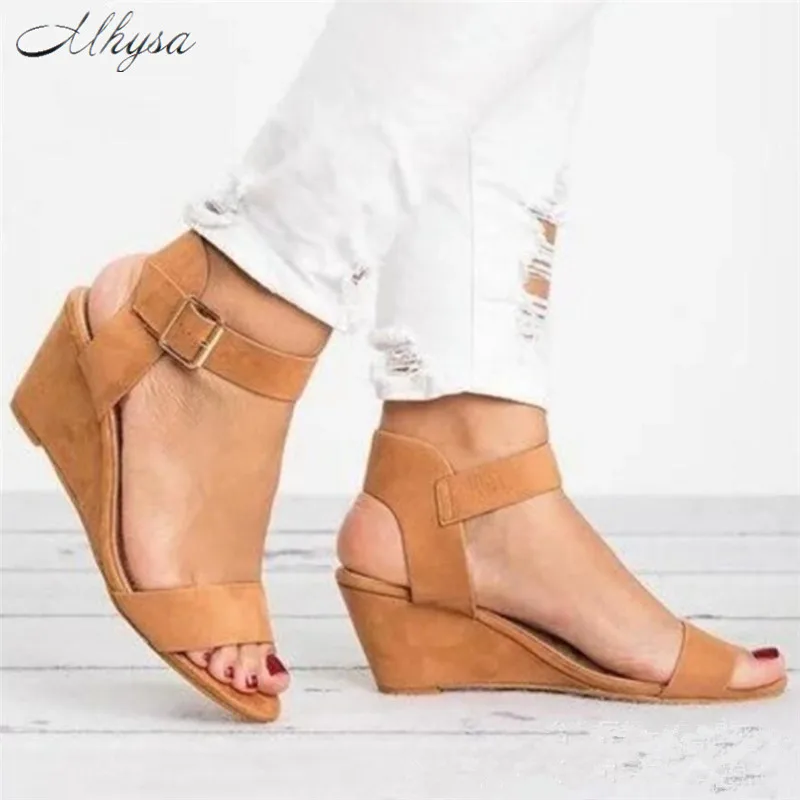 

Mhysa 2019 Summer Fashion Flock Women Sandals Wedges Casual Shoes Buckle Strap Roman Gladiator Sandals Women Sandalias T47