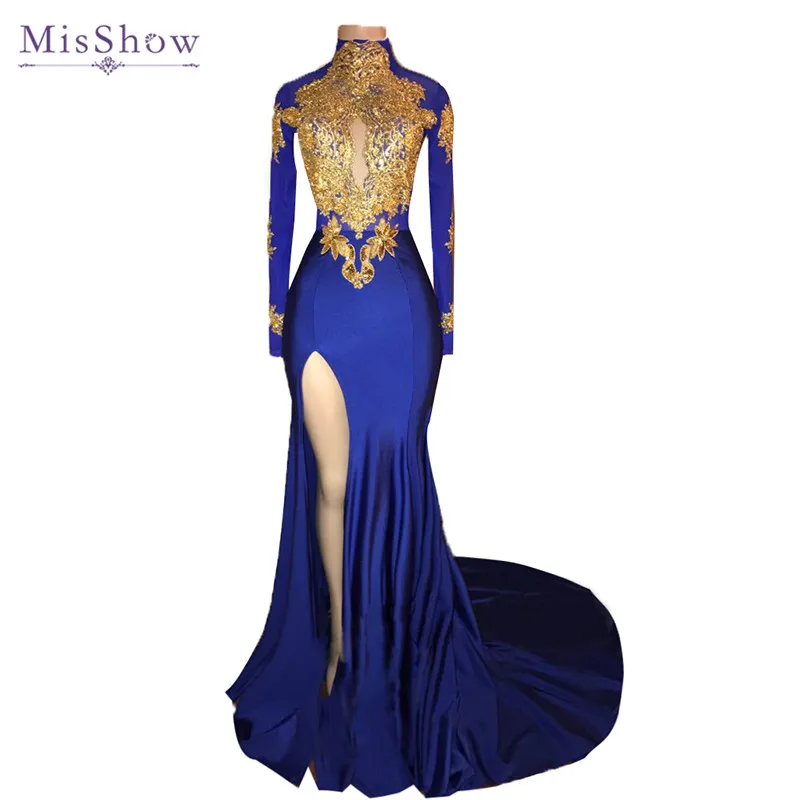 

Sexy African Long Sleeve Prom Dresses 2019 High Neck Sheer Back Gold Lace Appliques Slit Mermaid Royal Blue Prom Dress Party