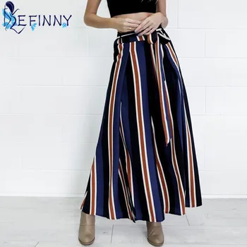 

2018 Women Striped Wide Leg Drawstring High Waist Party Pants Pantalones Mujer Casual Trousers Loose Long Chiffon Harem Pants
