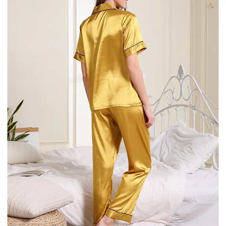 Новое моделирование Шелковая пижама Для женщин летние шорты с длинными рукавами однотонная Цвет удобная детская пижама, пижама в полоску штаны свободного кроя, комплет домашней одежды, пижамы