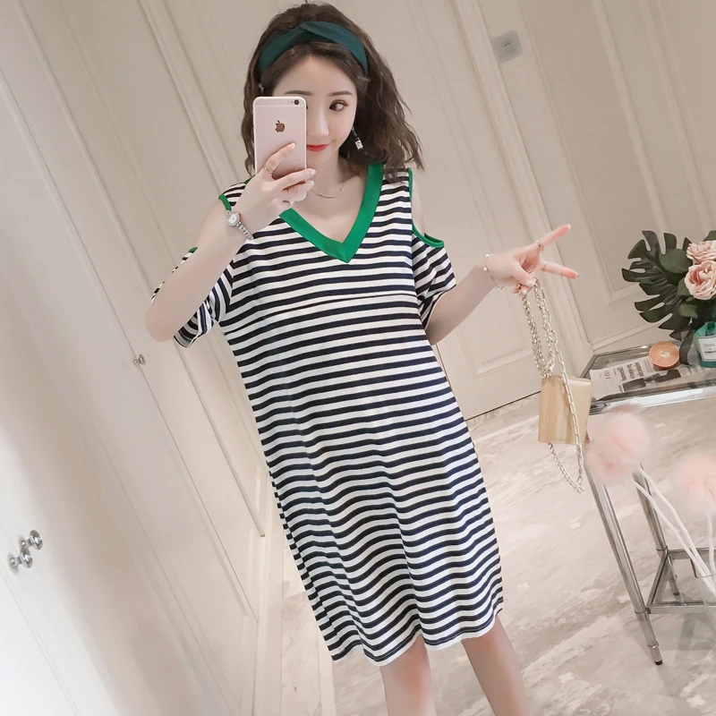 

Q6039# V Neck Striped Cotton Maternity Nursing T-shirts Summer Loose T Shirt Clothes for Pregnant Women Pregnancy Long Tees Tops
