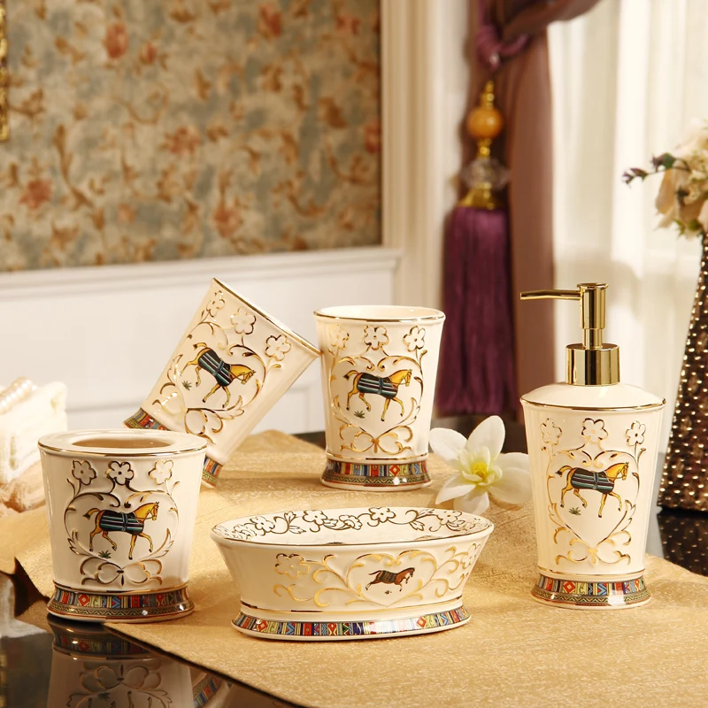 

5pcs Porcelain Bathroom Set European Bathroom Ceramic Liquid Soap Dispenser Porcelain Soap Toothbrush Holder Home Decoration