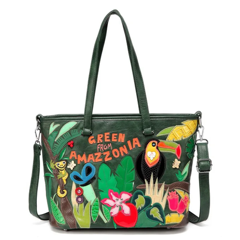 

2018 New Luxury Designer Female Handbag Lady Fashion Creative Contrast Color Tropical Rainforest Pattern Shoulder Messenger Bag