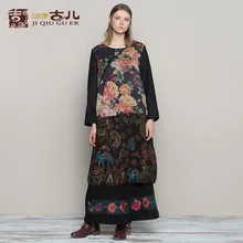 Jiqiuguer женский лоскутный пуловер с круглым вырезом и принтом лен зимние свободные платья черные с цветочной вышивкой Плюс Vestidos G173Y047