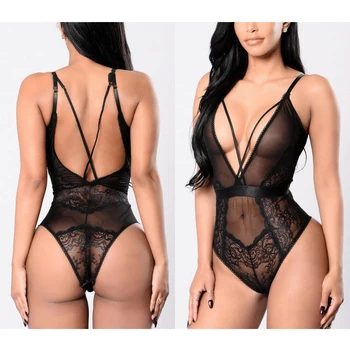 

Women's Black Slim Deep V-neck Lace Bodysuit Female Sexy Off-Shoulder Backless Bodysuit Bar Party Wear Romper Plus Size Dropship