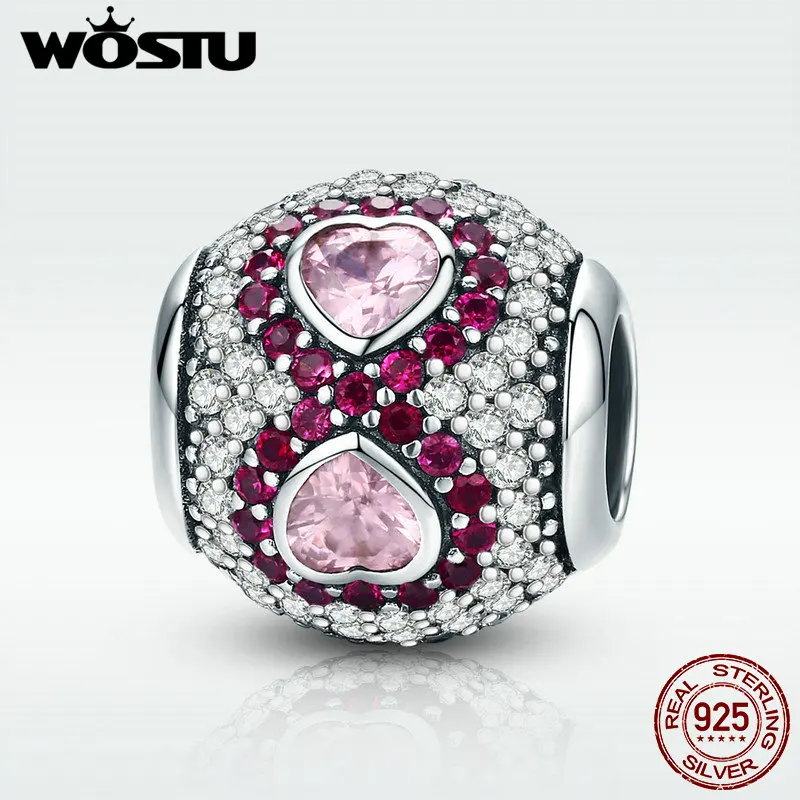 

WOSTU High Quality 925 Sterling Silver Infinity LOVE Pink Heart CZ Beads fit Original Charm Bracelet Bangle Jewelry Gift DXC582