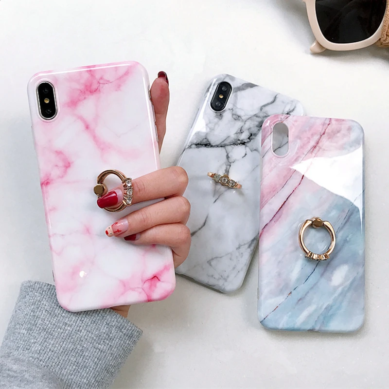 

Luxury Marble Silicone Case For iPhone XS Max XR X 11 Pro Cover With Diamond Phone Ring For iPhone 8 7 6s Plus Case Soft Coque