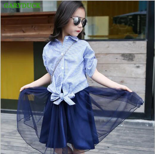 

GARYDUCK 2017 New Summer Fashion Baby Girls Sets Striped Turn-down Collar Shirt + Mesh pants Kid Clothes Suit For Trip & Party