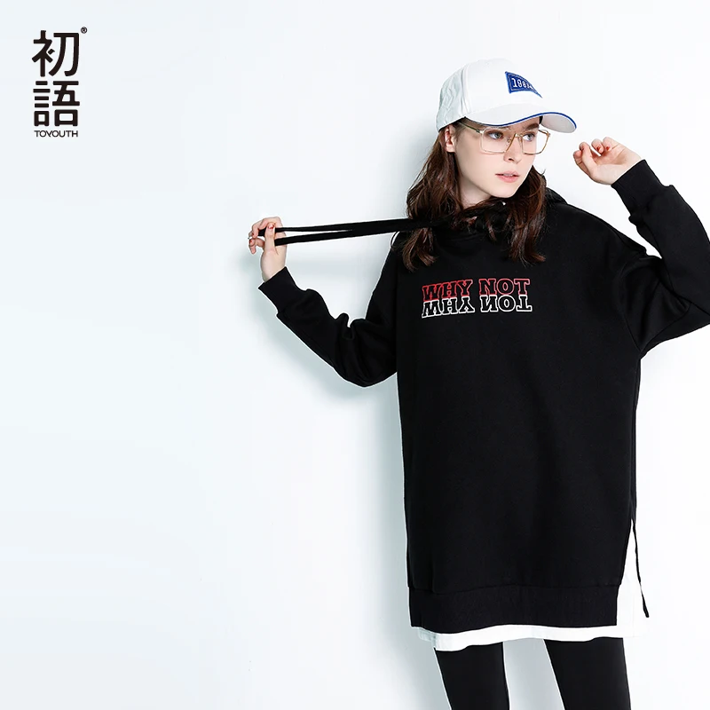Goede Toyouth Winter Hooded Trainingspakken Voor Vrouwen Zwarte Lange Sweatshirts Harajuku Letters Print Capuchon Casual Patchwork Sudadera Mujer