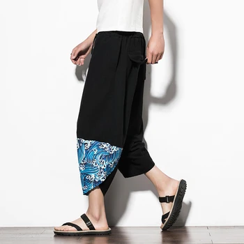 

M-5XL Summer plus size cotton Linen mens Calf-Length Pants Embroidery Harem Pants male loose hip hop big men Wide leg Nepal