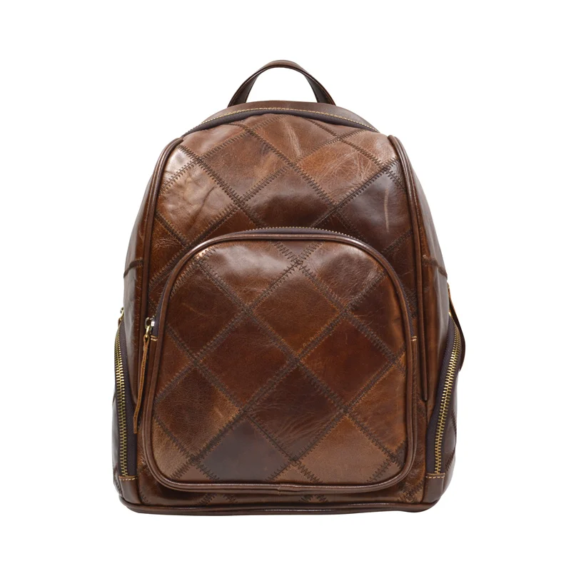 Retro Ladies backpack Zipper Leather Cowhide Backpack Handmade Sewing