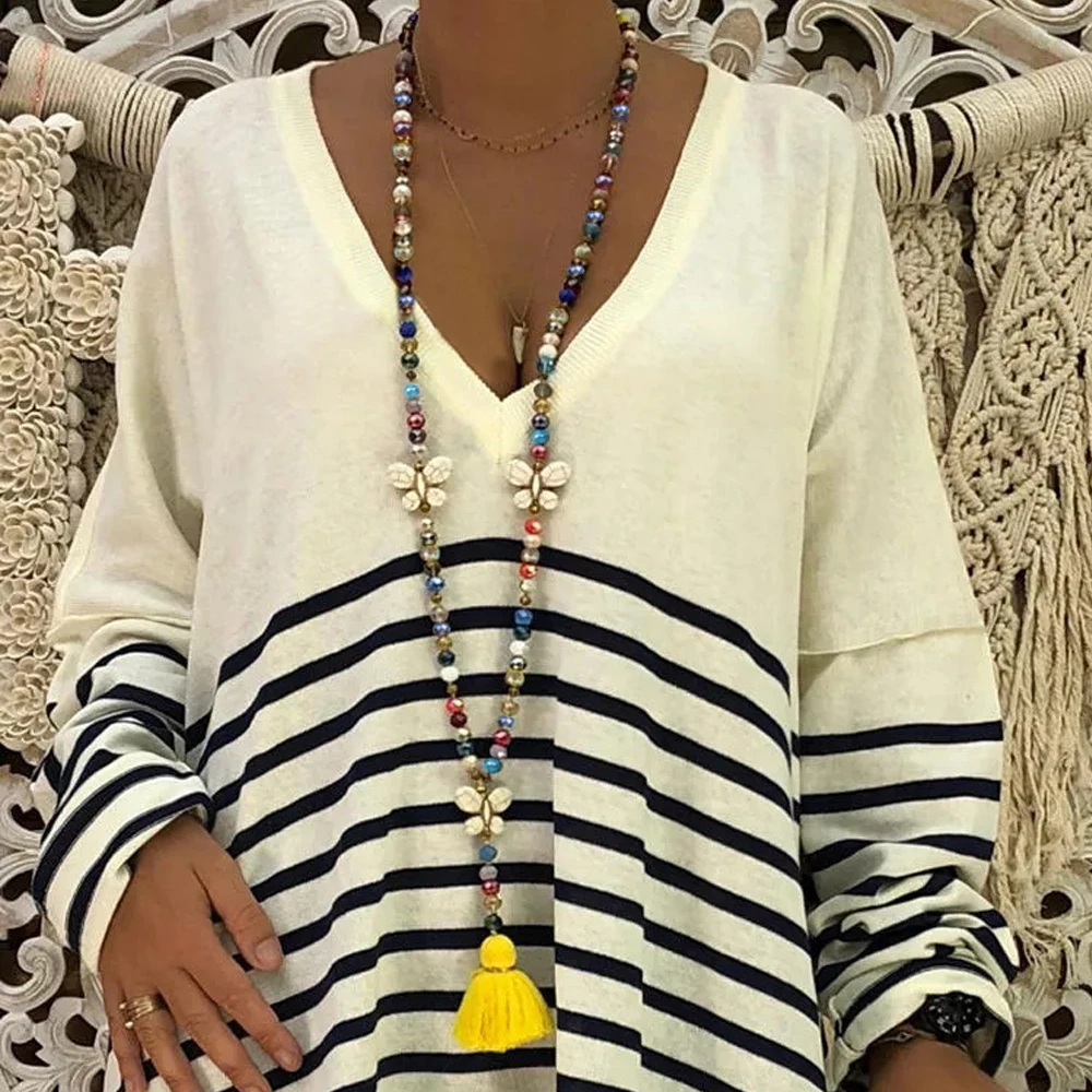 Yumfeel длинное богемное ретро ожерелье с бабочкой стеклянный свитер с бисером цепочка розовый черный синий желтый хаки ювелирные изделия