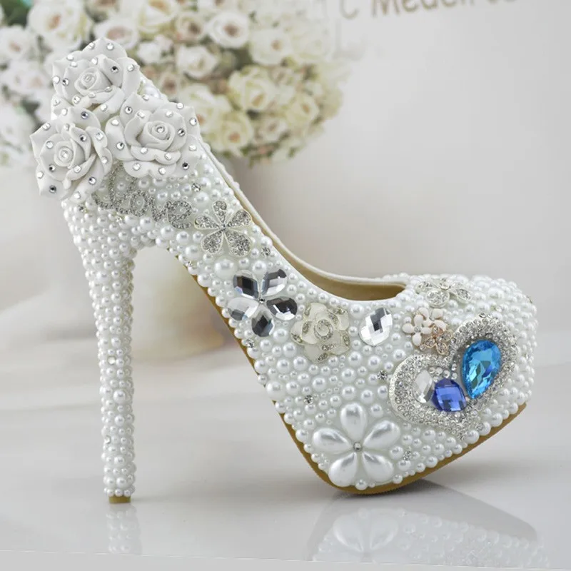 Сердце океана свадебные туфли ручной работы благородный белый жемчуг Высокий каблук платформы невесты обувь со стразами функция партии выпускного вечера туфли-лодочки