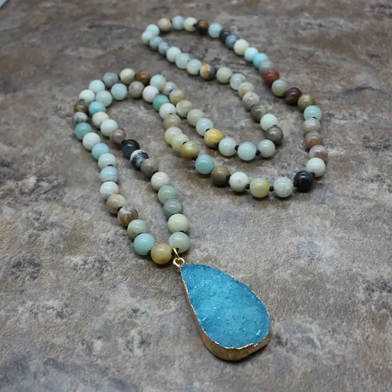 Fashion Bohemian Tribal Jewelry long Knotted Amazonite Natural Druzy Drop Pendant Stone Necklace 00155 | Украшения и аксессуары