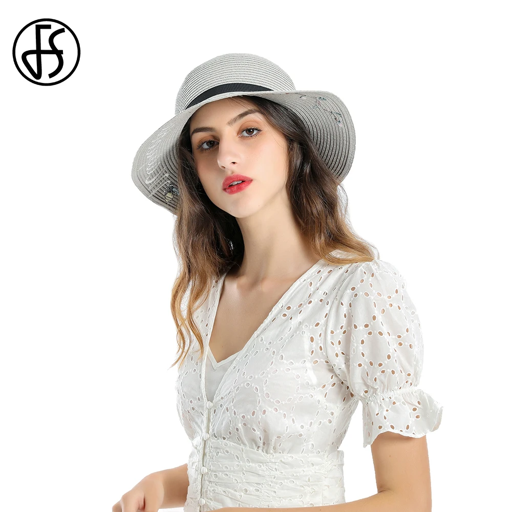 FS أنيقة زهرة التطريز الرافية قبعات من القش للنساء الصيف شاطئ قبعة واقية من الشمس واسعة حافة بنما قبعة السيدات في الهواء الطلق الظل أقنعة