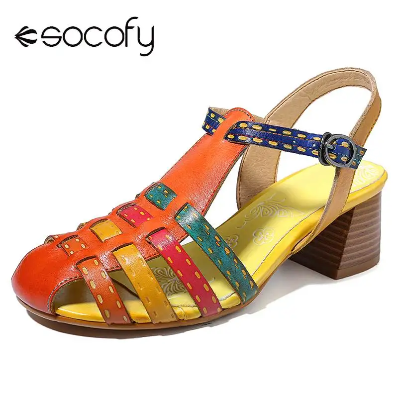 

SOCOFY Colorful Sandals Hollow Genuine Leather Splicing Soft Low Heel Buckle Strap Fisherman Women Sandals Summer Shoes Women