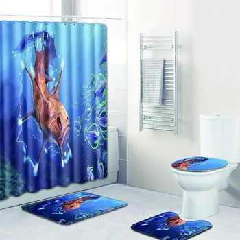 

HobbyLane 4pcs/set Shower Curtain + Bath Carpet With Rubber Back Suit For Bathroom Durable And Washable Rug Toilet Seat Cover