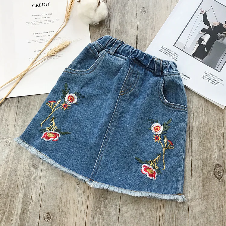 Girls denim blue summer skirts kids floral embroidery cotton skirt baby