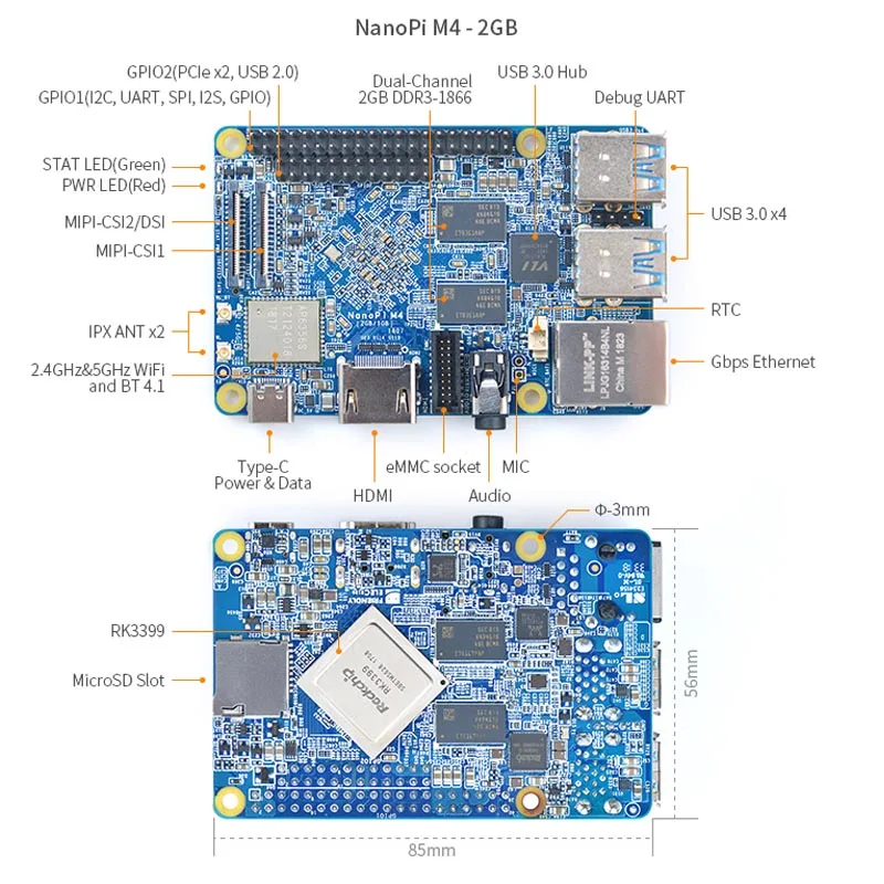 NanoPi M4 2 ГБ/4 ГБ DDR3 Rockchip RK3399 SoC 2,4G и 5G двухдиапазонный WiFi, Поддержка Android 8,1 Ubuntu, AI и глубокого обучения