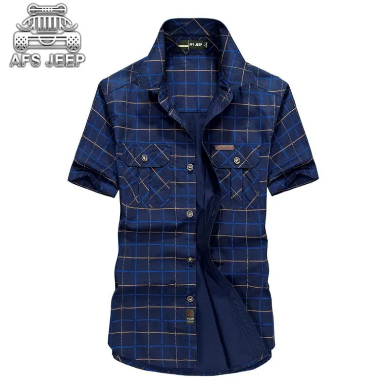 

Loose Size 5XL Men Shirts 2018 Summer AFS Jeep Brand Clothing Camiseta Masculina Plaid 100% Cotton Short Sleeve men's shirt
