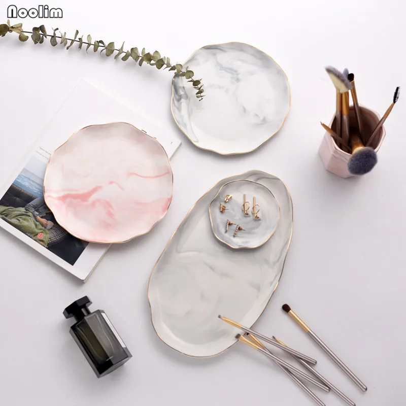 

Creative Jewelry Storage Tray Nordic Marble Pattern Ruffled Ceramic Dish Dessert Plate Fruit Plate Makeup Organizer Home Decor