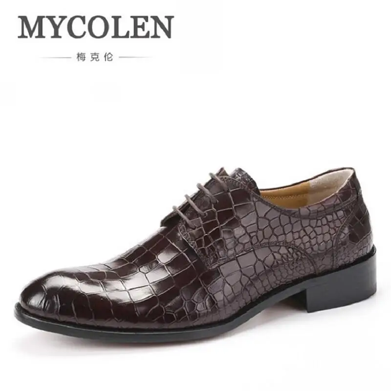 

MYCOLEN New Fashion Casual Mens Dress Shoes Leather Crocodile Lace-up Italian Flat Formal Oxfords sapatos social masculino