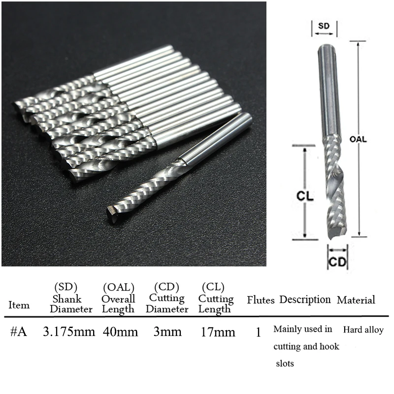 10PCS BOX 3 175 X 3 X 17 Mm Single Flute CNC Router Bits One Flute