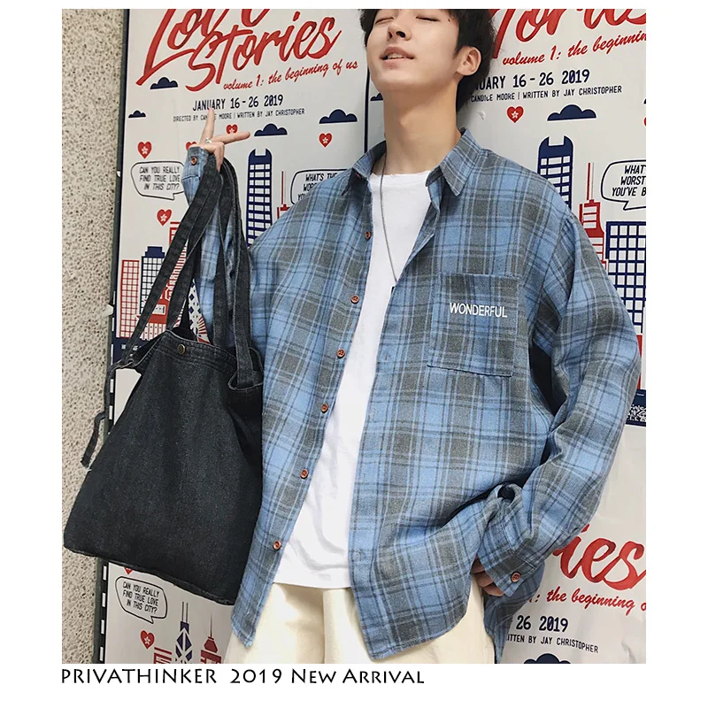 

Privathinker Men Korean Fashion Plaid Shirts 2019 Mens Harajuku Pockets Casual Shirt Long Sleeve Male Blue Clothing Plus Size