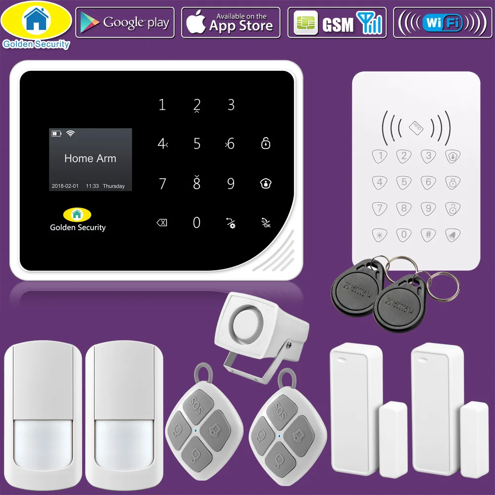 Золотая безопасность S5 беспроводная домашняя безопасность WiFi GPRS GSM Сигнализация приложение дистанционное управление RFID Клавиатура с