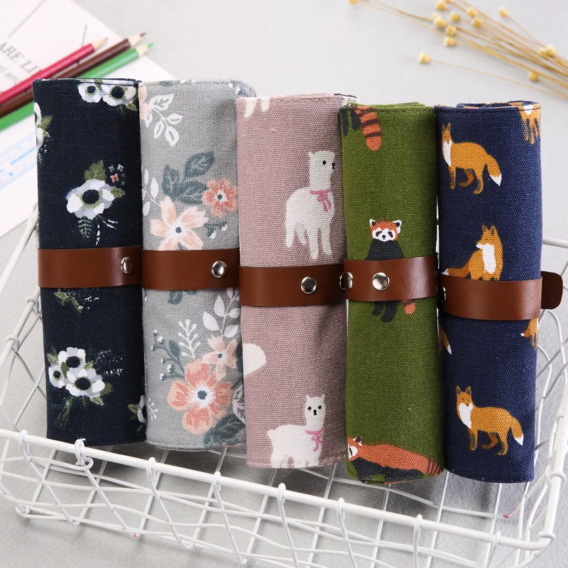 

Novelty Raccoon Alpaca Fox Pencil Case Canvas Roll Pouch Makeup Brush Pen Storage Pencil Box for Kids Gifts Painting Supplies