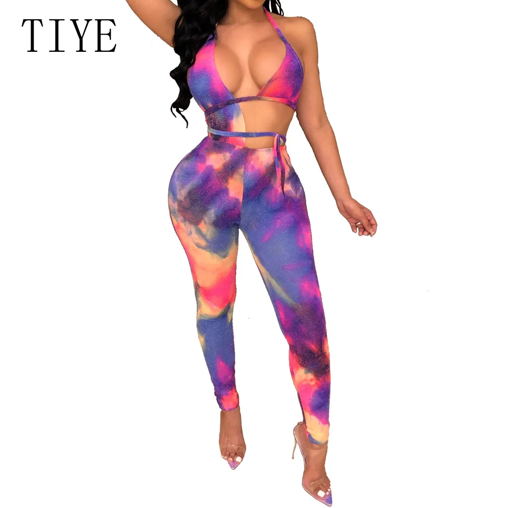 

TIYE New Arrival Tie Dyeing Print Hollow Out Halter Playsuit Women Sexy Backless Summer Jumpsuit Skinny Club Party Bodysuits