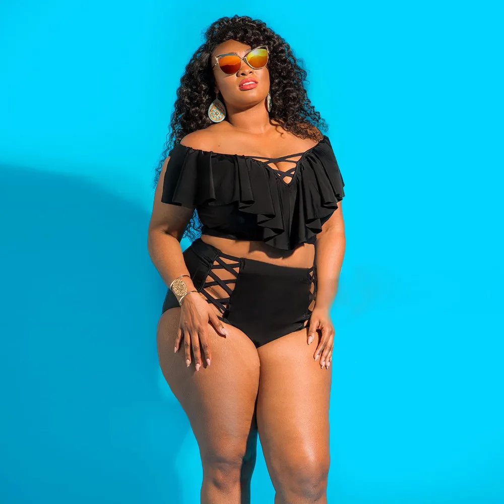 

Fat sister Plus 5XL Size Women Solid Bikini Set One-shoulder ruffle 2019 New summer Push-Up Padded Bathing Swimwear Swimsuit #5