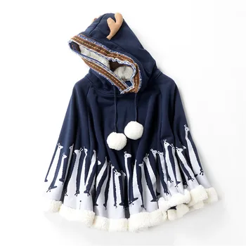 

Japanese Mori Girl Lolita Vintage Retro Sweet Deer Print Loose Casual Hooded Women Thick Fleece Cloak Autumn Winter Coat Jacket