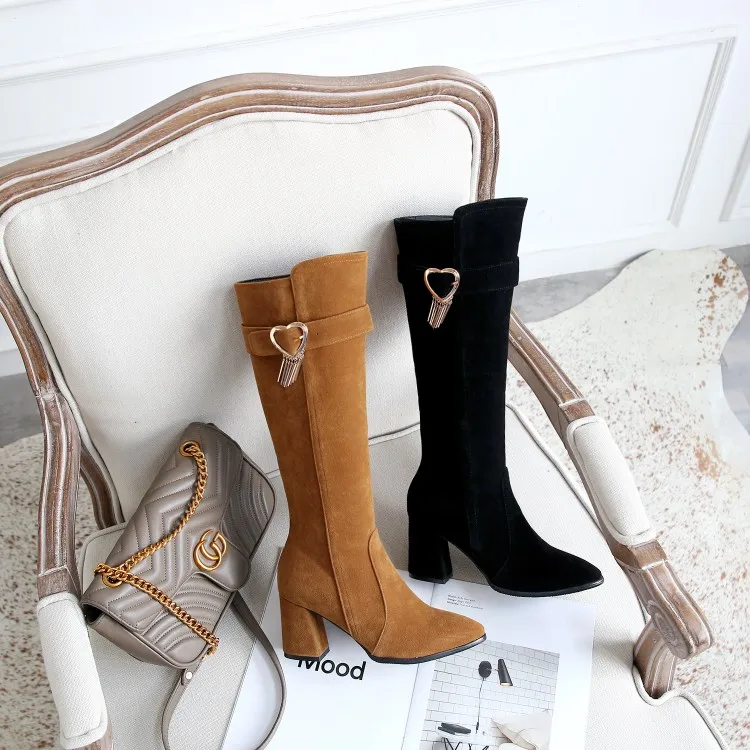 

Big Size 9 10 11-16 thigh high boots knee high boots over the knee boots women ladies boots Side zipper heart buckle metal trim