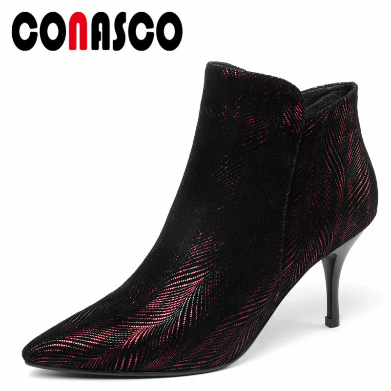 

CONASCO New Arrival Women Ankle Boots Autumn Winter Warm Genuine Leather High Heels Shoes Woman Pointed Toe Brand Party Shoes