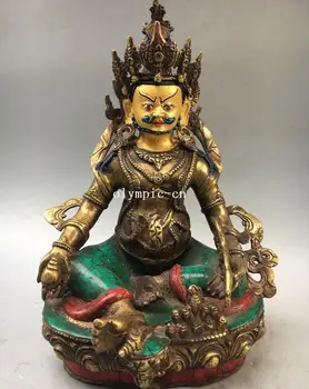 

13'' bronze gold inlay turquoise coral gem buddhism Yellow Jambhala hold a rat