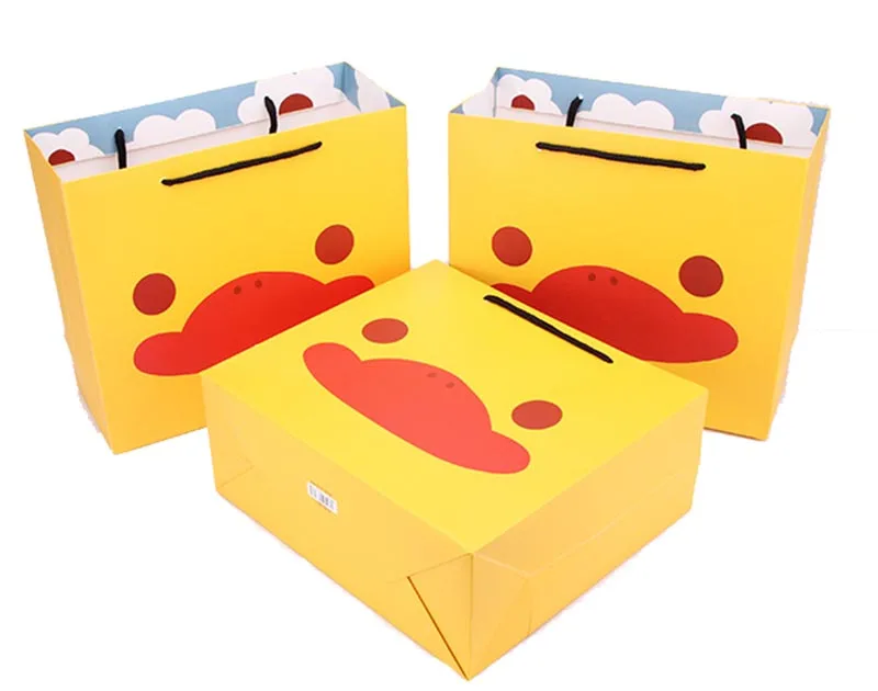 Ynaayu 5pcs/set Cute Duck Handles Paper Bags Yellow Kraft Paper Bag Big