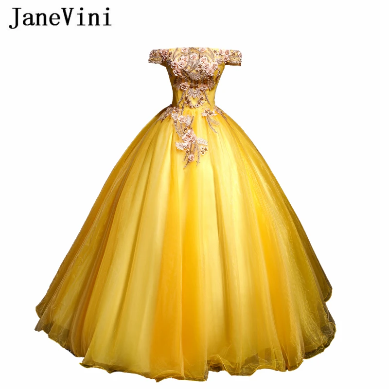 Janevini 2019 Elegant Yellow Ball Gown Prom Dresses Off Shoulder Lace Appliques Pearls Tulle Pageant Party Gowns Vestido Longo Prom Dresses Aliexpress