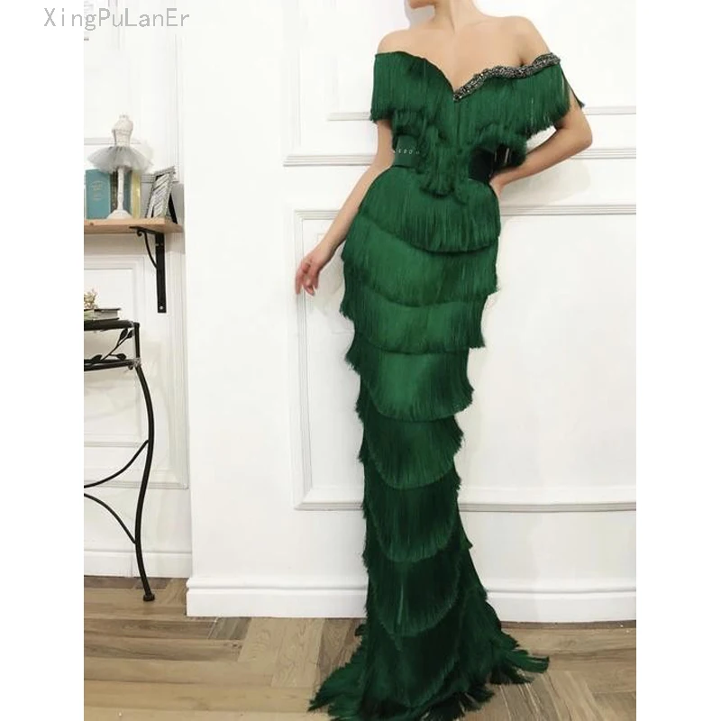 Arabic Emerald Green Tassel Evening Dress Mermaid Long Crystal Off the Shoulder Elegant Women Formal Prom Dresses in Dubai Arabic Emerald Green Tassel Evening Dress Mermaid Long Crystal Off the Shoulder Elegant Women Formal Prom Dresses in Dubai