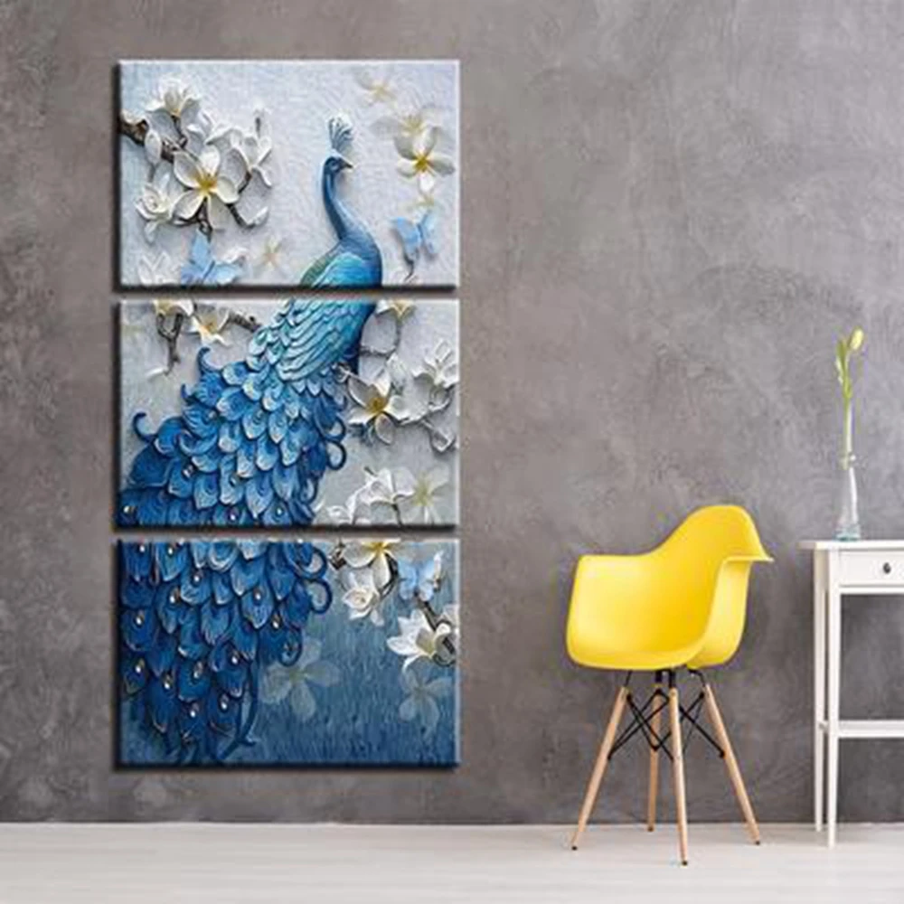 

3 Pieces Frame Unframe Canvas Print Blue Peacock and White Flowers Canvas Paintings for Hallway Bar Home Wall Decor Animal Art