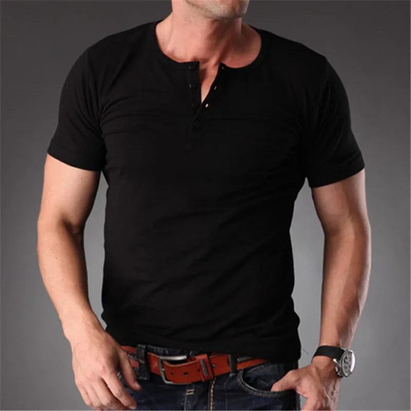 

Plain Blank T Shirt Men 2019 Buttons Down Stretchy Muscle Body Slim Fit Short Sleeve Summer Clothes Men MT-1355