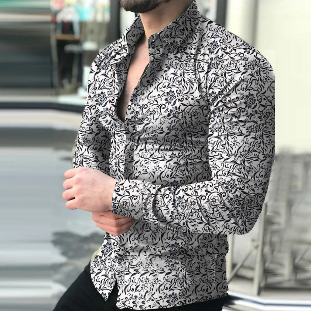 

Shirts men Fashion Men's Casual Printed Floral Long Sleeve Breathable Button shirt Male Top Blouse Plus Size High Quality